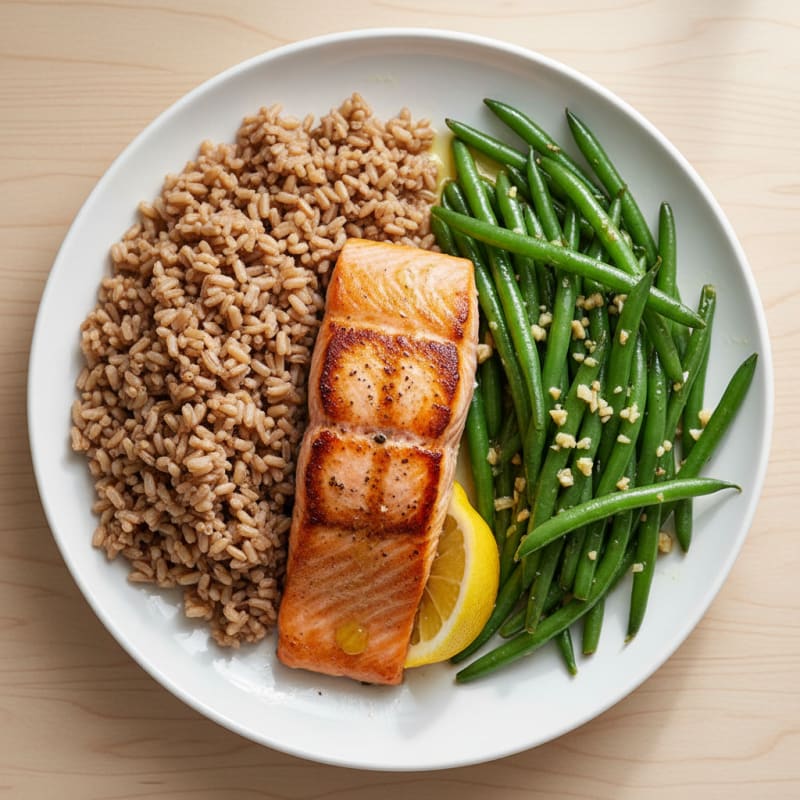 Seared Salmon with Garlic Green Beans and Brown Rice