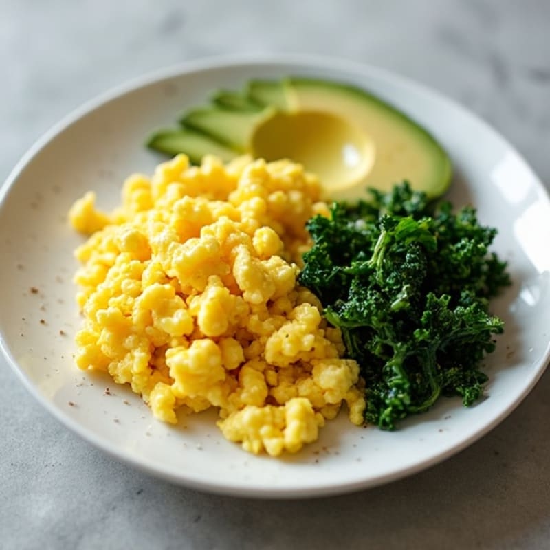 Fluffy Scrambled Eggs with Sautéed Greens and Avocado
