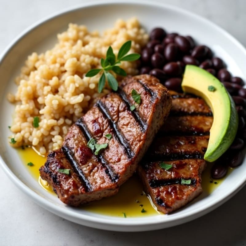 Grilled Beef Strips with Black Beans and Brown Rice