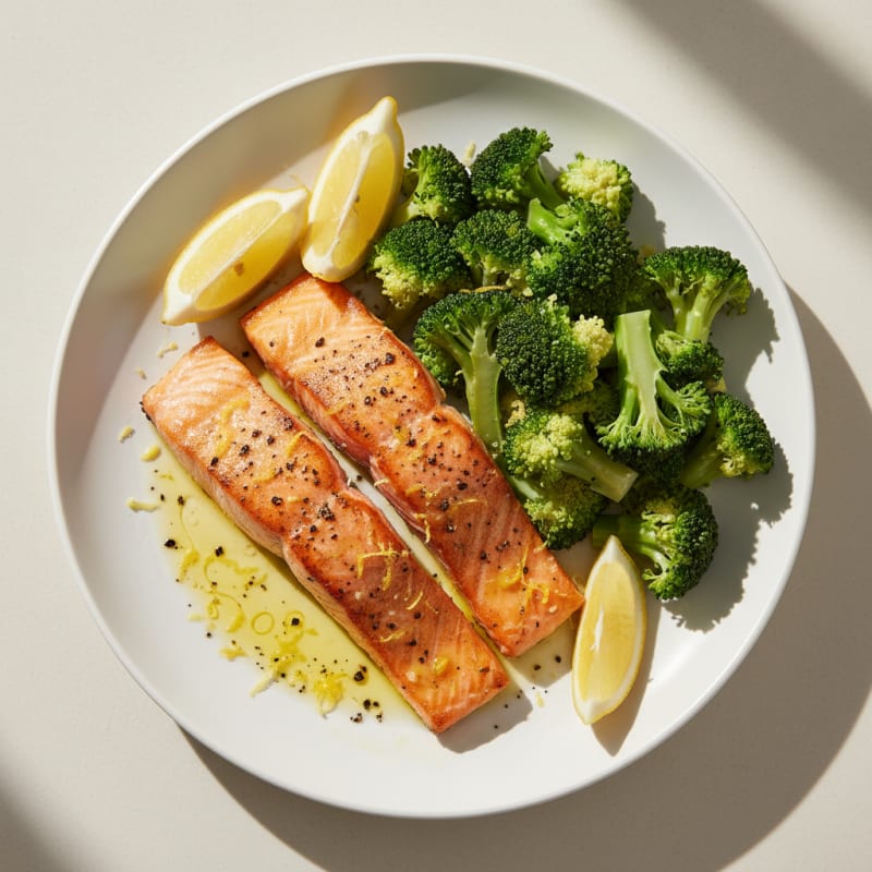 Seared Salmon with Steamed Broccoli and Lemon