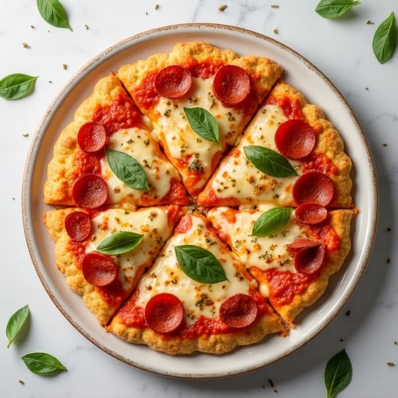 Cheesy Cauliflower Crust Pizza with Lean Turkey Pepperoni and Fresh Herbs