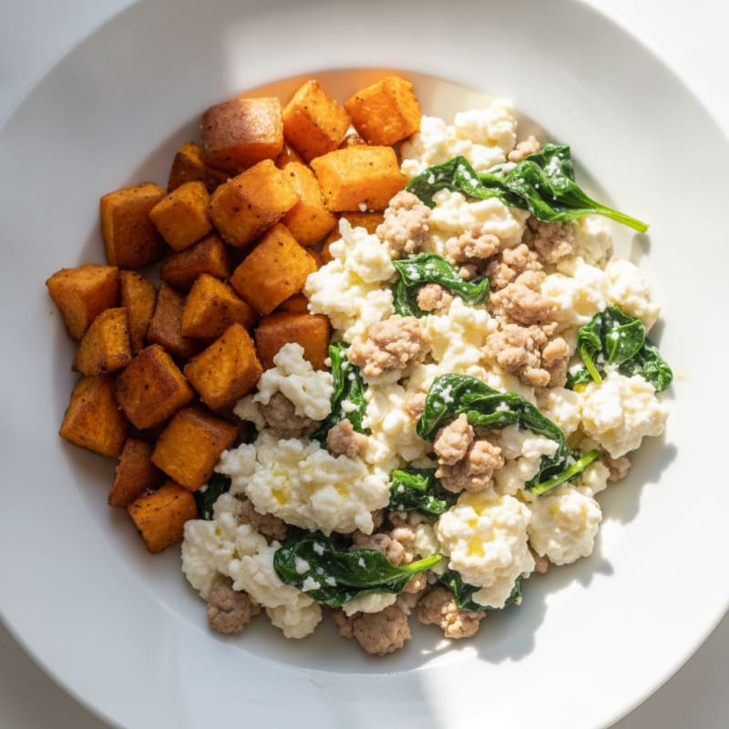 Egg White and Turkey Spinach Scramble with Roasted Sweet Potatoes