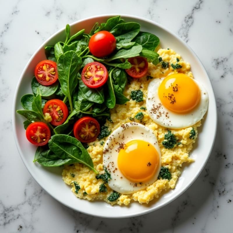 Scrambled Eggs with Sautéed Spinach, Cherry Tomatoes & Arugula Salad