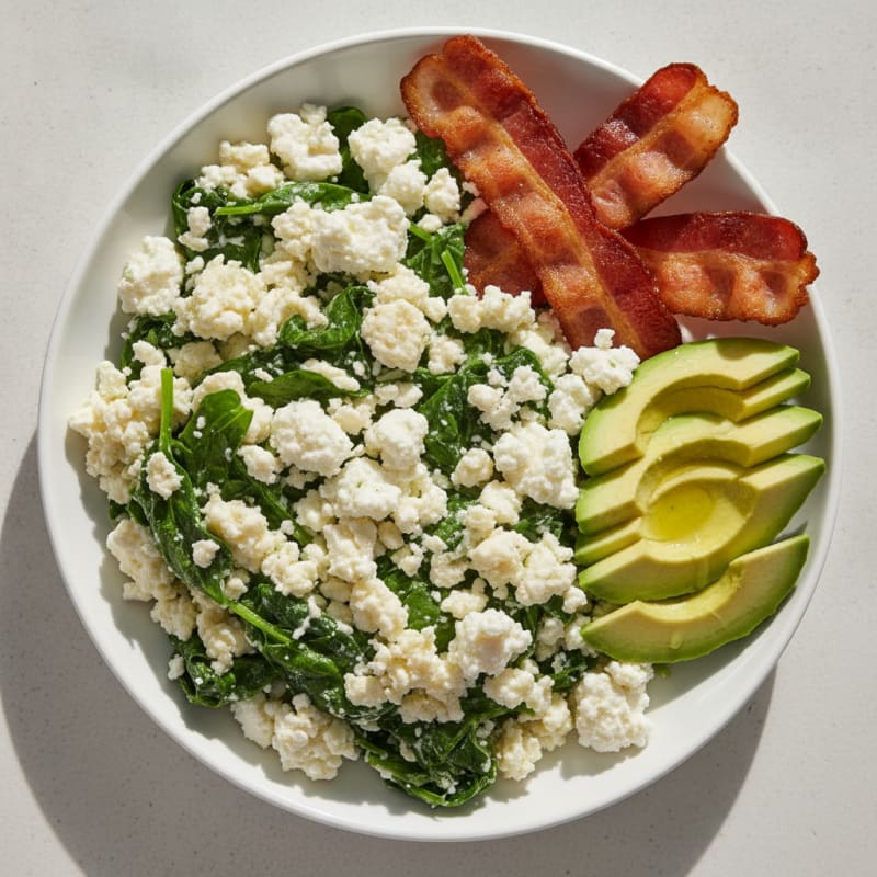 Egg White Spinach Scramble with Cottage Cheese and Turkey Bacon