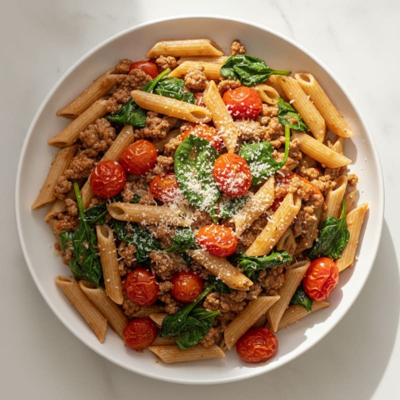 Lean Beef and Spinach Pasta with Roasted Cherry Tomatoes