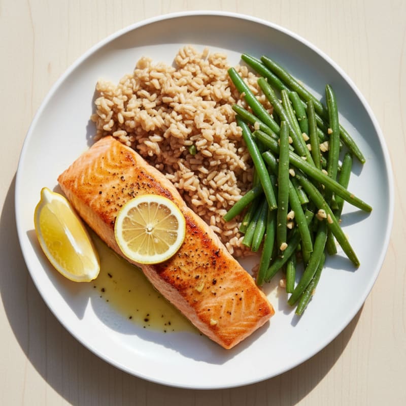 Seared Salmon with Garlic Green Beans and Brown Rice