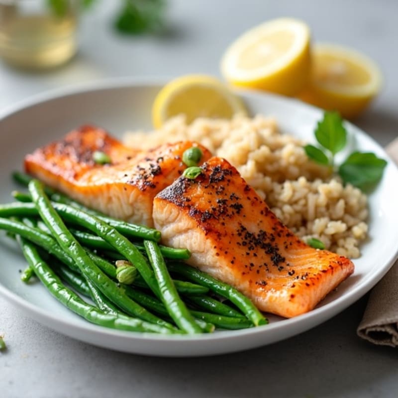 Seared Salmon Fillet with Lemon-Garlic Green Beans and Brown Rice