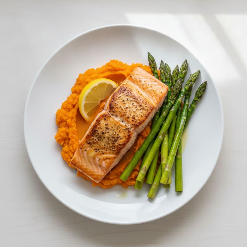 Seared Salmon Fillet with Roasted Asparagus and Sweet Potato Mash