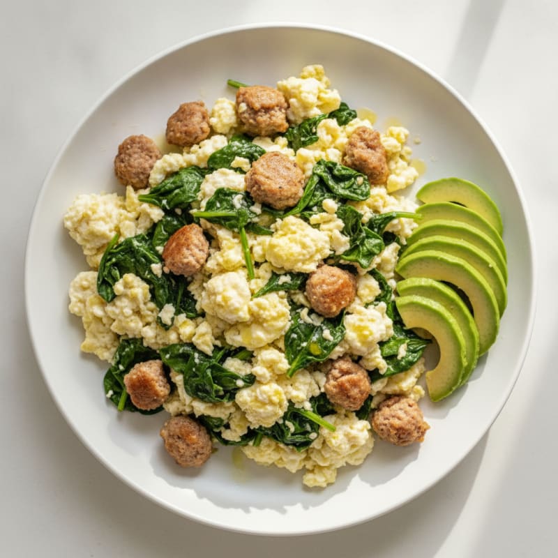 Egg White and Turkey Sausage Scramble with Baby Spinach