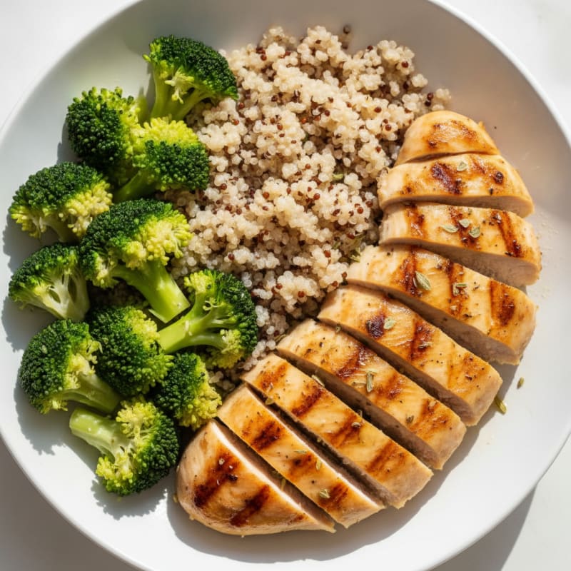 Grilled Lemon Herb Chicken Breast with Quinoa and Steamed Broccoli