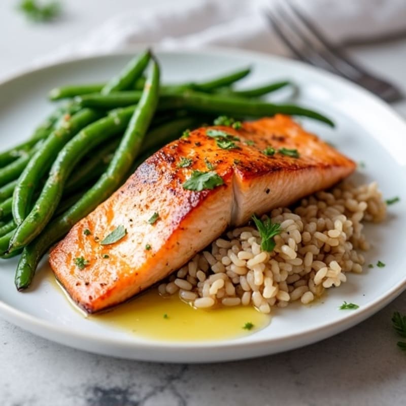 Seared Salmon with Garlic Green Beans and Brown Rice