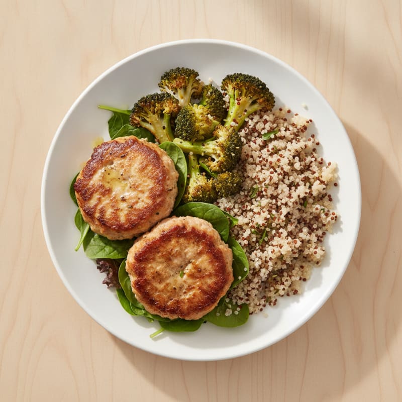 Seared Turkey Patties with Roasted Broccoli and Quinoa