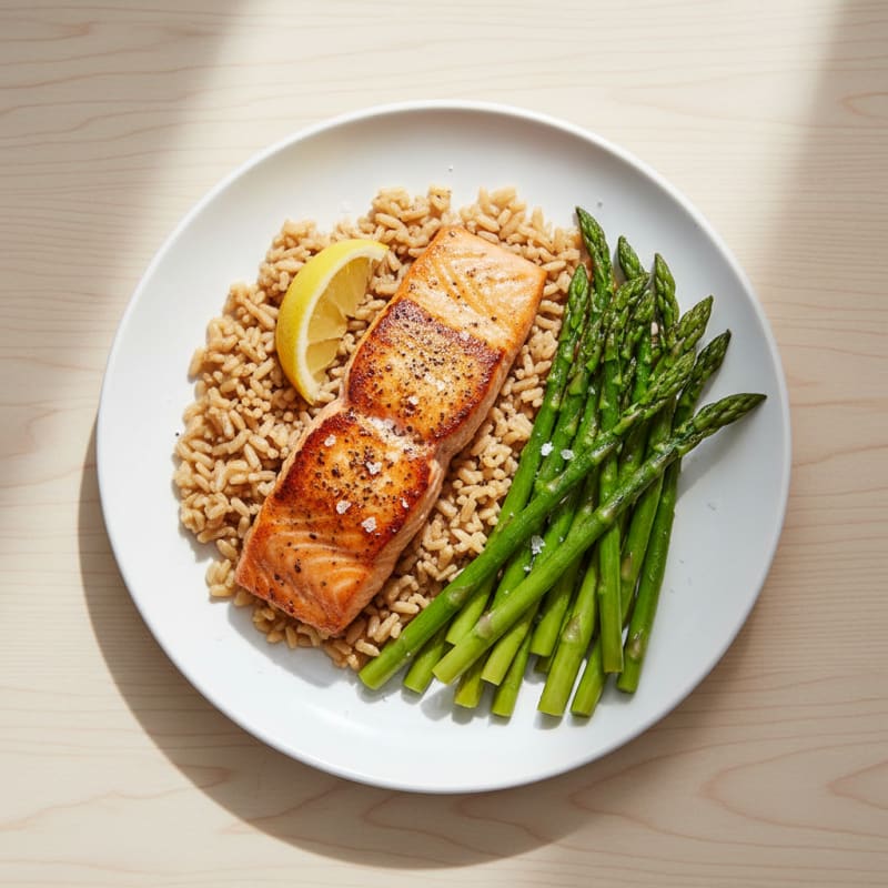 Seared Salmon with Steamed Asparagus and Brown Rice