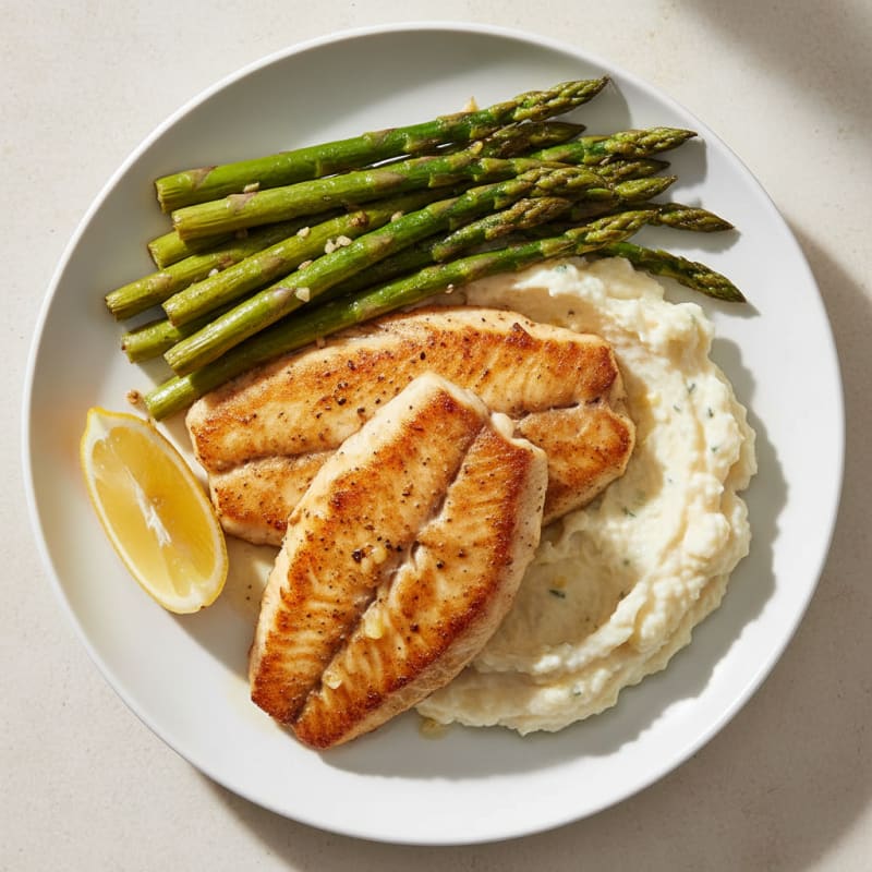 Seared Tilapia with Roasted Asparagus and Cauliflower Mash