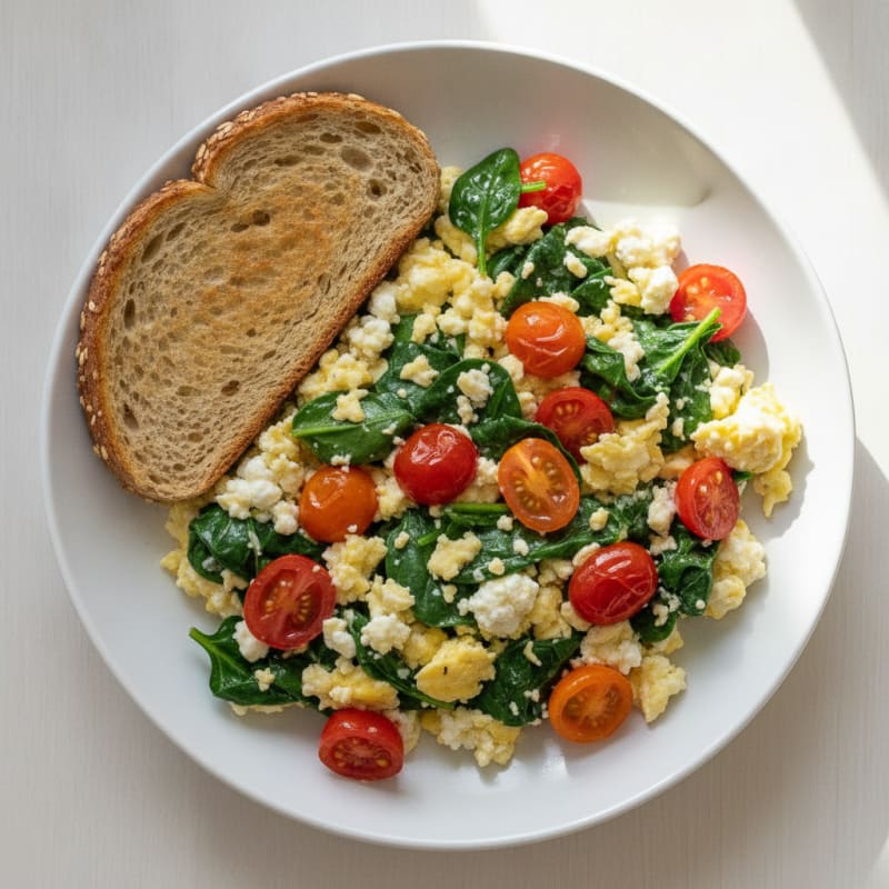 Cottage Cheese Egg Scramble with Spinach and Cherry Tomatoes