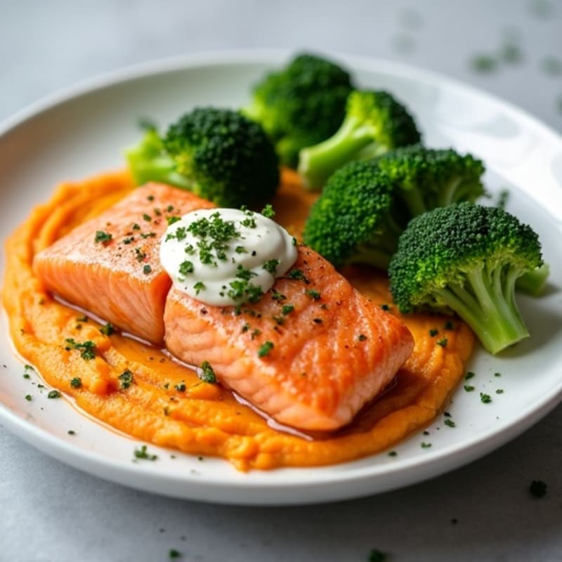 Seared Salmon with Roasted Broccoli and Garlic Sweet Potato Mash