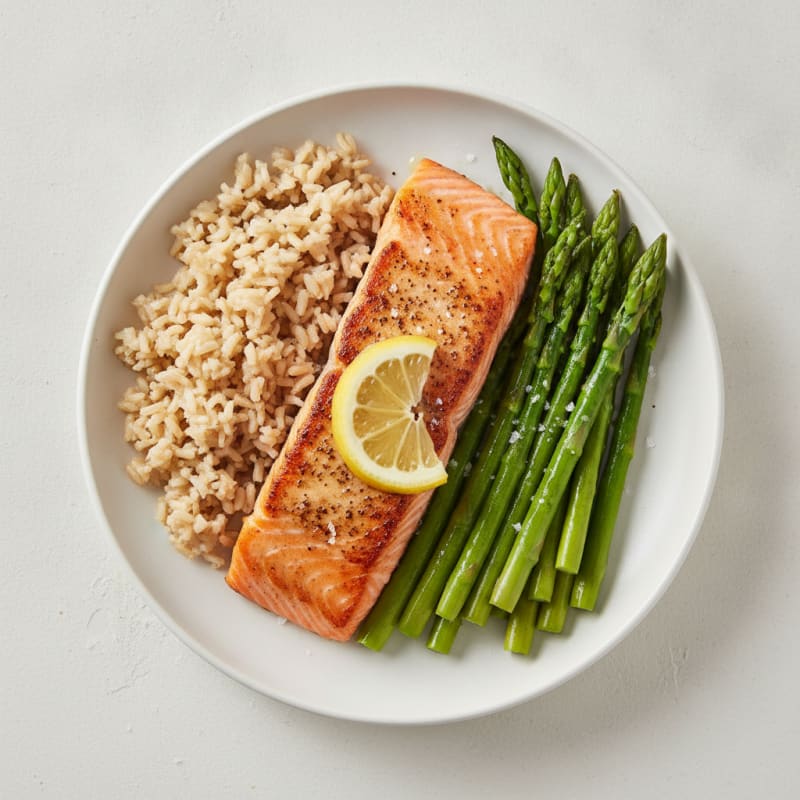 Seared Salmon with Steamed Asparagus and Brown Rice