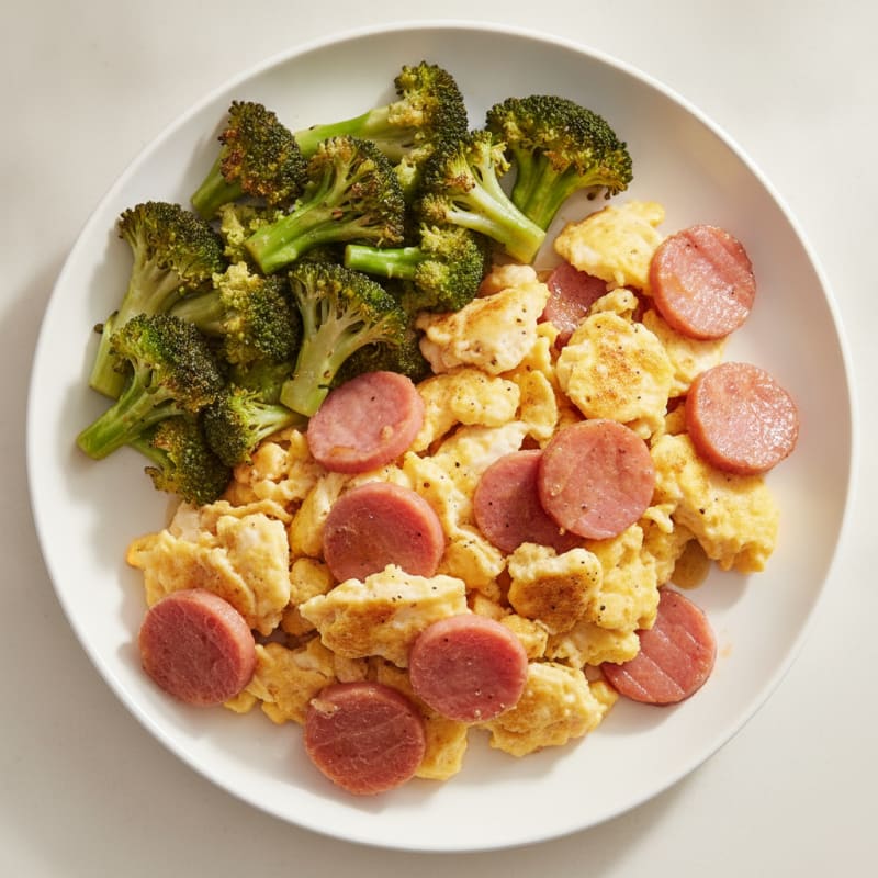 Egg and Canadian Bacon Scramble with Sautéed Broccoli