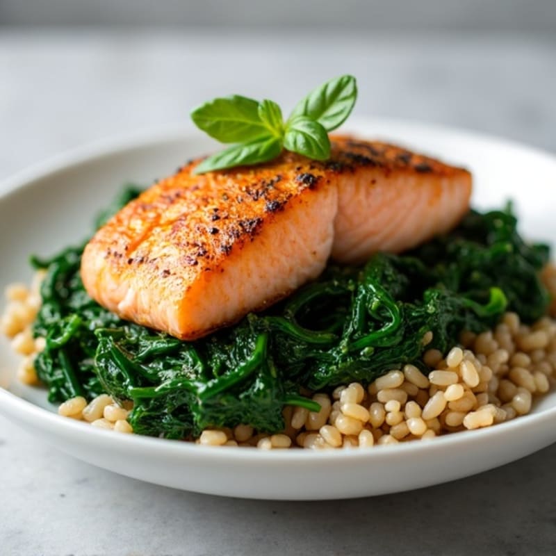 Seared Salmon with Garlic Spinach and Brown Rice