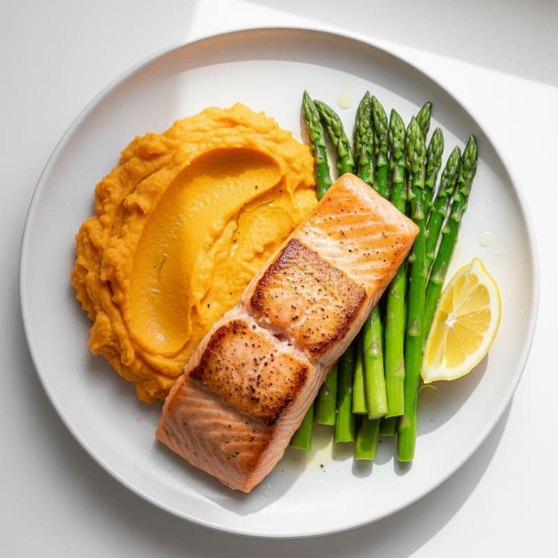 Seared Salmon Fillet with Steamed Asparagus and Sweet Potato Mash
