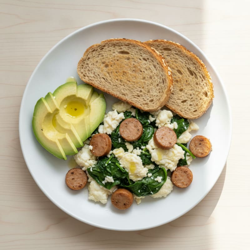 Egg White Spinach Scramble with Turkey Sausage