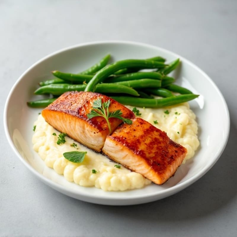 Seared Salmon with Steamed Green Beans and Cauliflower Mash