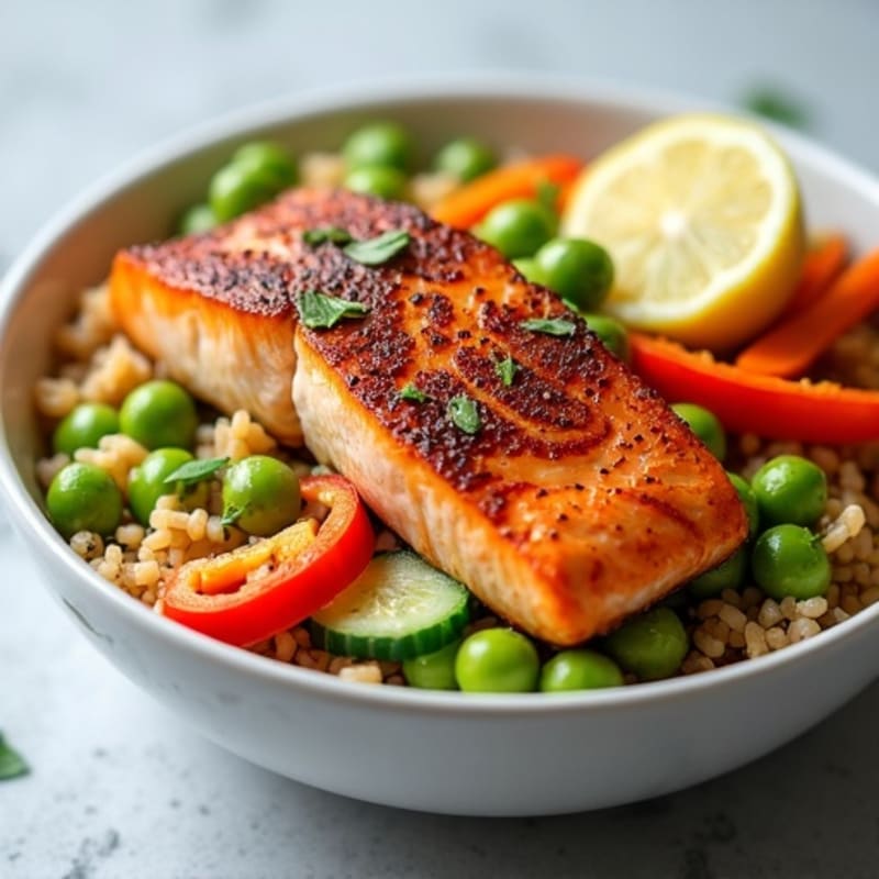Fresh Salmon and Crunchy Vegetable Rice Bowl