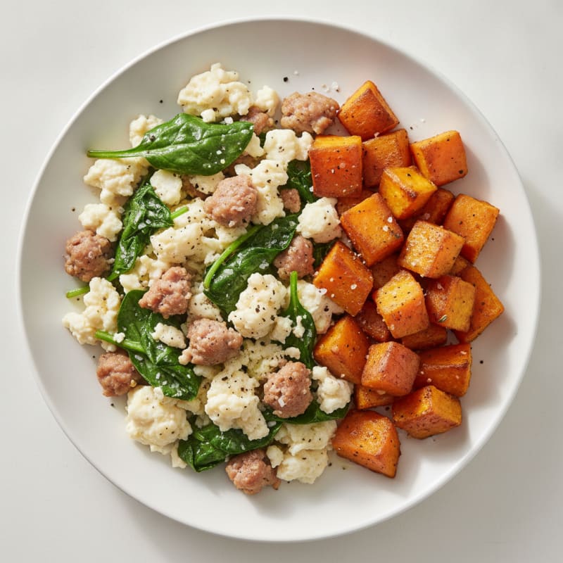 Egg White and Turkey Sausage Scramble with Spinach and Roasted Sweet Potatoes