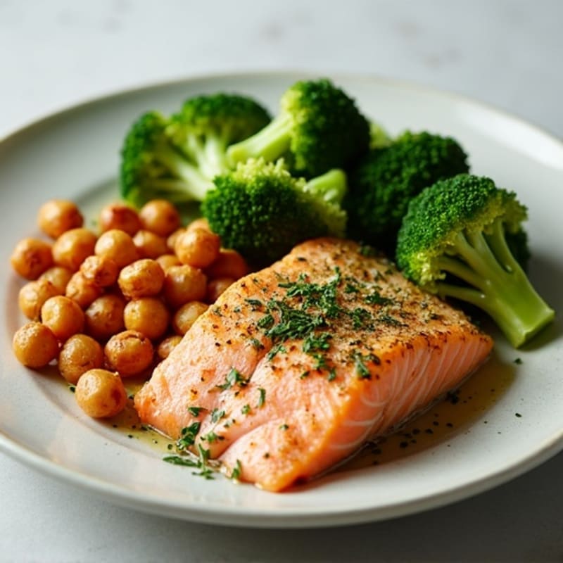 Herb-Crusted Salmon with Roasted Broccoli and Crispy Chickpeas