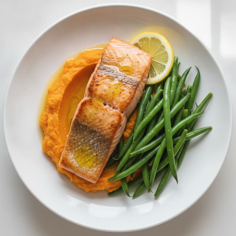 Seared Salmon with Steamed Green Beans and Sweet Potato Mash