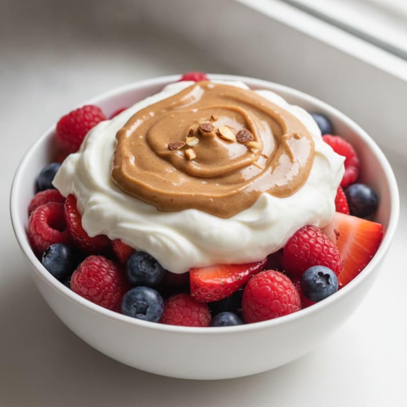 Greek Yogurt Protein Parfait with Mixed Berries and Almond Butter