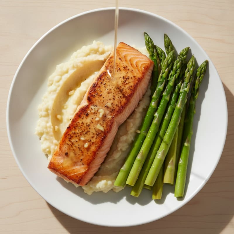 Seared Salmon with Steamed Asparagus and Garlic Cauliflower Mash