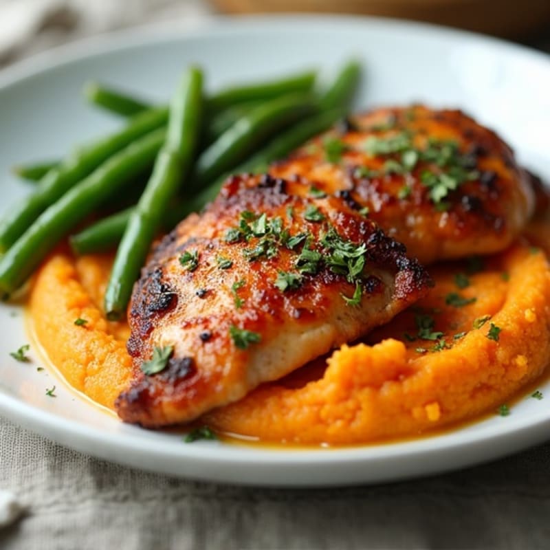Seared Chicken Thighs with Garlic Green Beans and Sweet Potato Mash