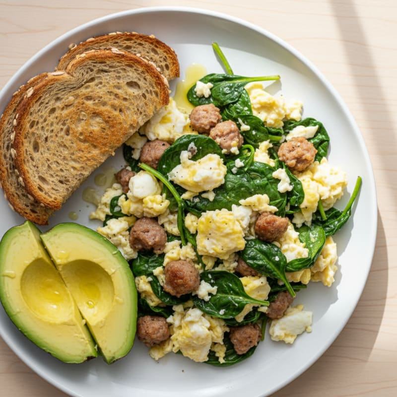 Egg White Scramble with Turkey Sausage and Sautéed Spinach