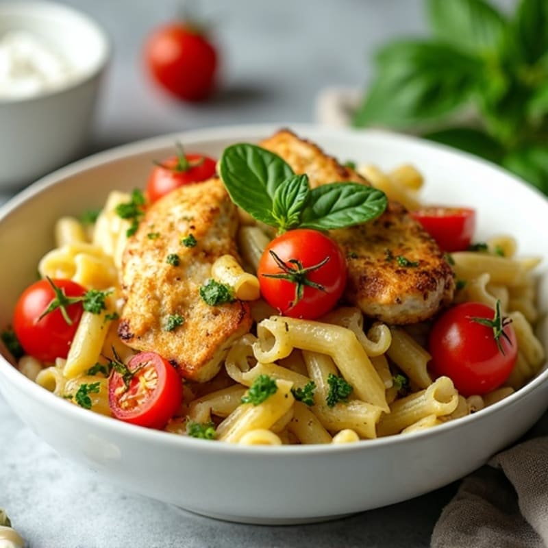 Chicken Pesto Whole Wheat Pasta with Roasted Cherry Tomatoes