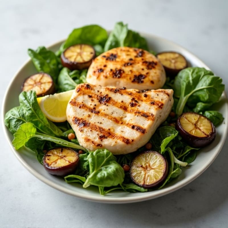 Grilled Chicken Salad with Leafy Greens and Chopped Eggplant