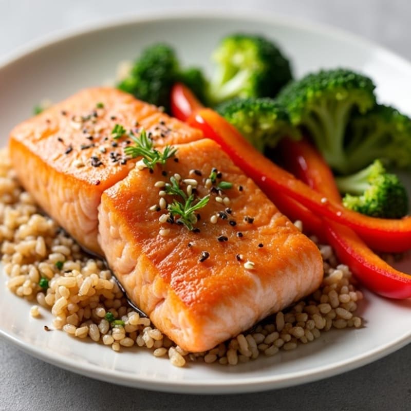 Crispy Salmon with Sesame-Ginger Brown Rice and Fresh Veggies