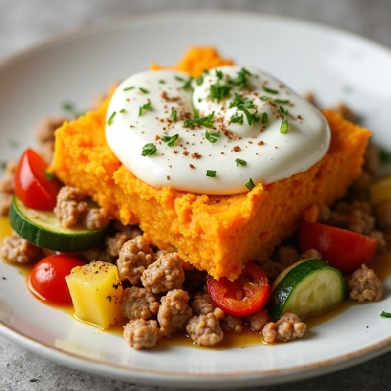 Savory Lean Ground Turkey and Vegetable Bake with Creamy Sweet Potato
