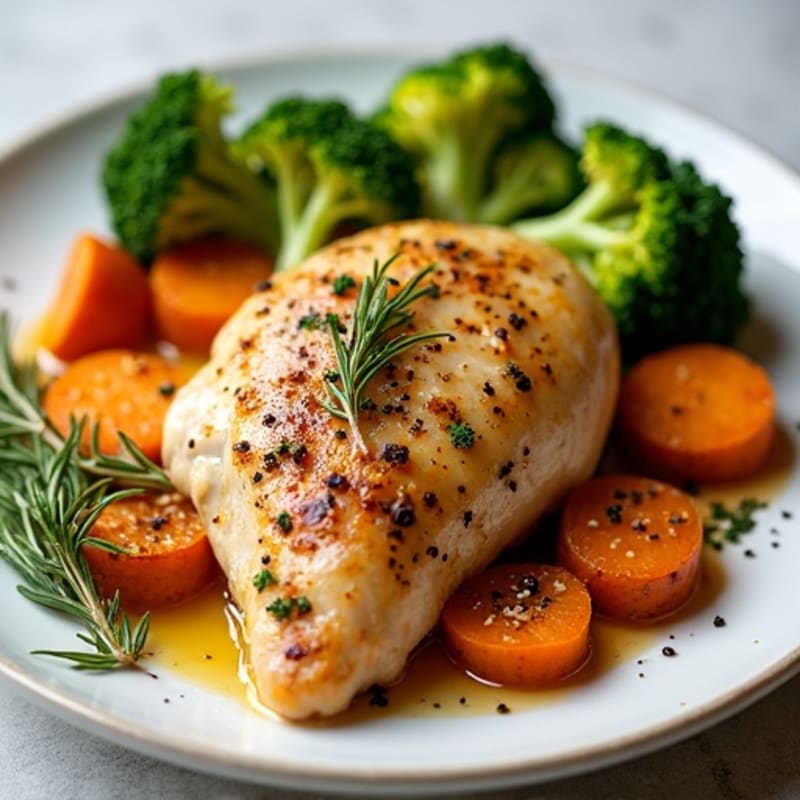 Lemon-Herb Roasted Chicken with Crispy Broccoli and Sweet Potatoes