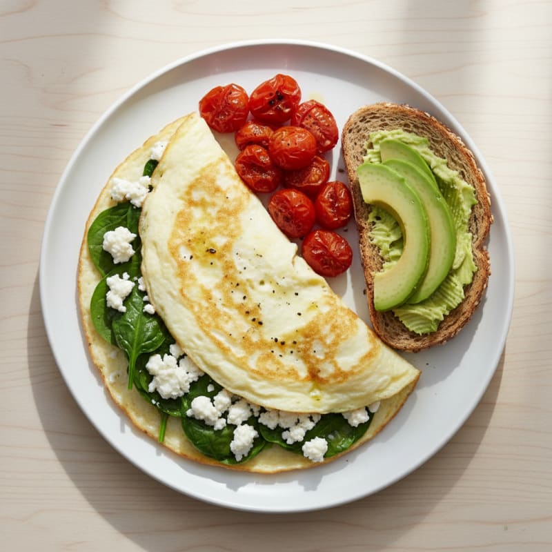 Egg White Spinach Omelet with Cottage Cheese and Cherry Tomatoes