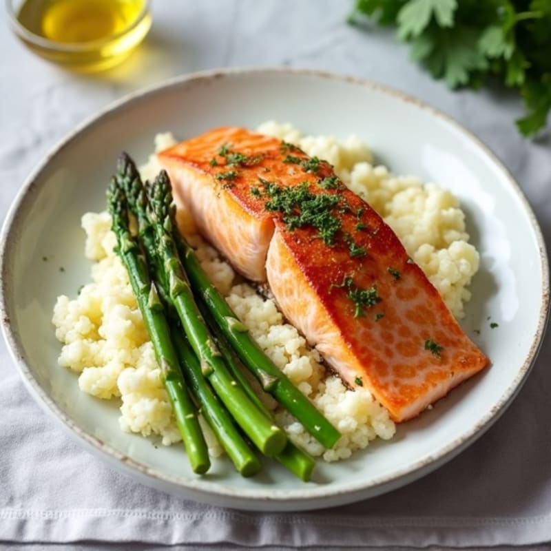Seared Salmon with Steamed Asparagus and Cauliflower Mash