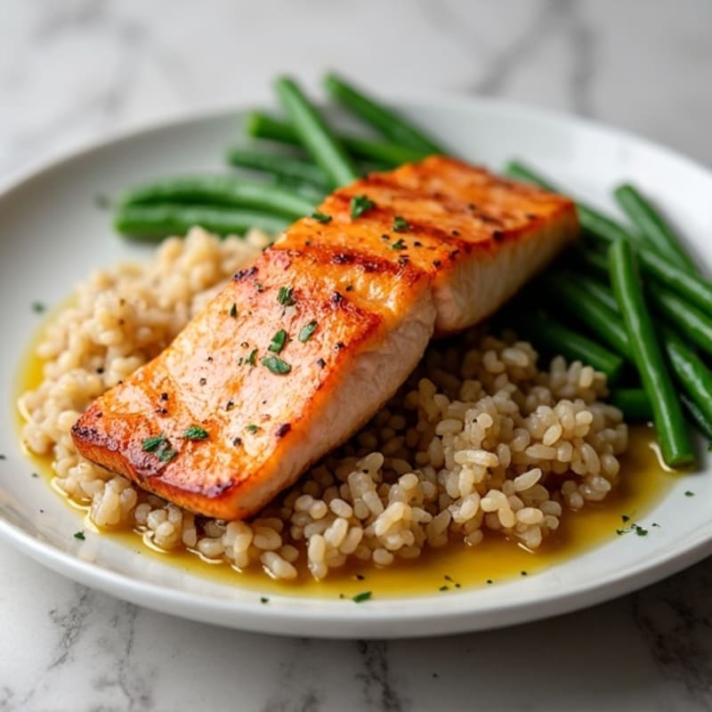 Seared Salmon Fillet with Steamed Green Beans and Brown Rice
