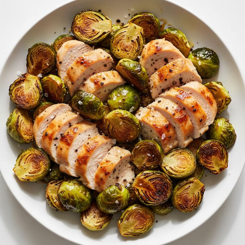 Crispy Balsamic Glazed Brussels Sprouts with Roasted Chicken