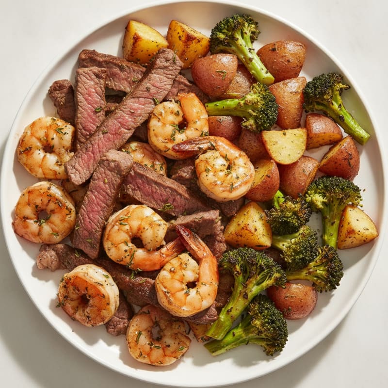 Herb-Seared Shrimp and Beef with Roasted Potatoes and Broccoli