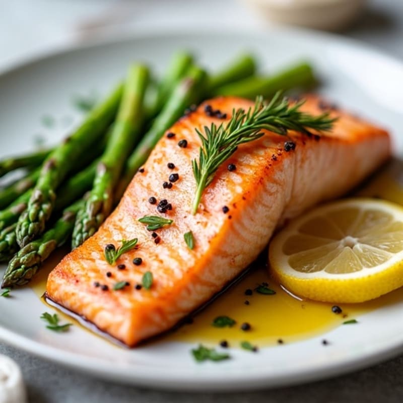 Seared Salmon with Steamed Asparagus and Lemon