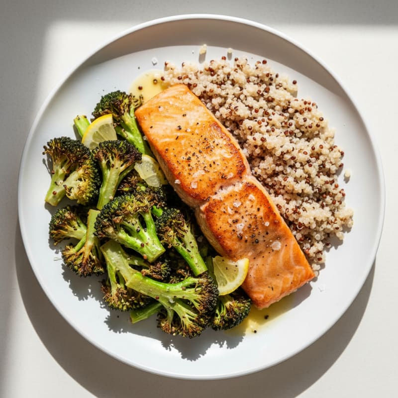 Seared Salmon with Roasted Broccoli and Quinoa