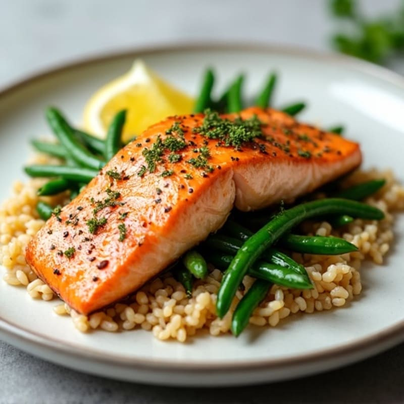 Seared Salmon Fillet with Garlic Green Beans and Brown Rice