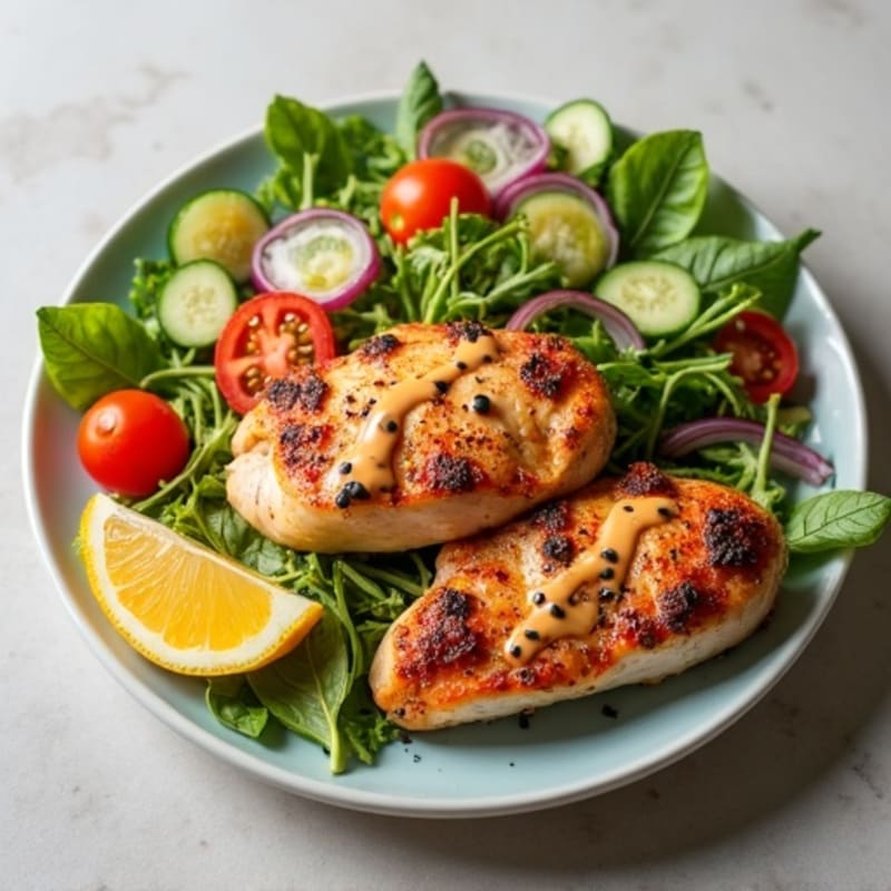 Roasted Spiced Chicken with Fresh Chopped Salad and Creamy Tahini Drizzle