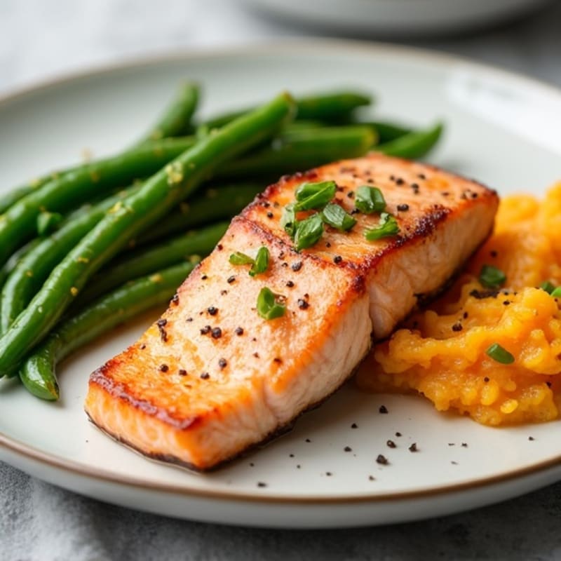 Seared Salmon Filet with Steamed Green Beans and Sweet Potato Mash