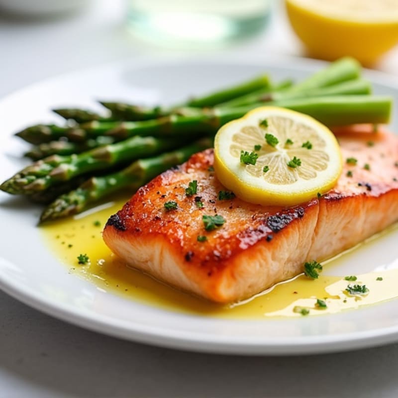 Seared Salmon with Roasted Asparagus and Lemon